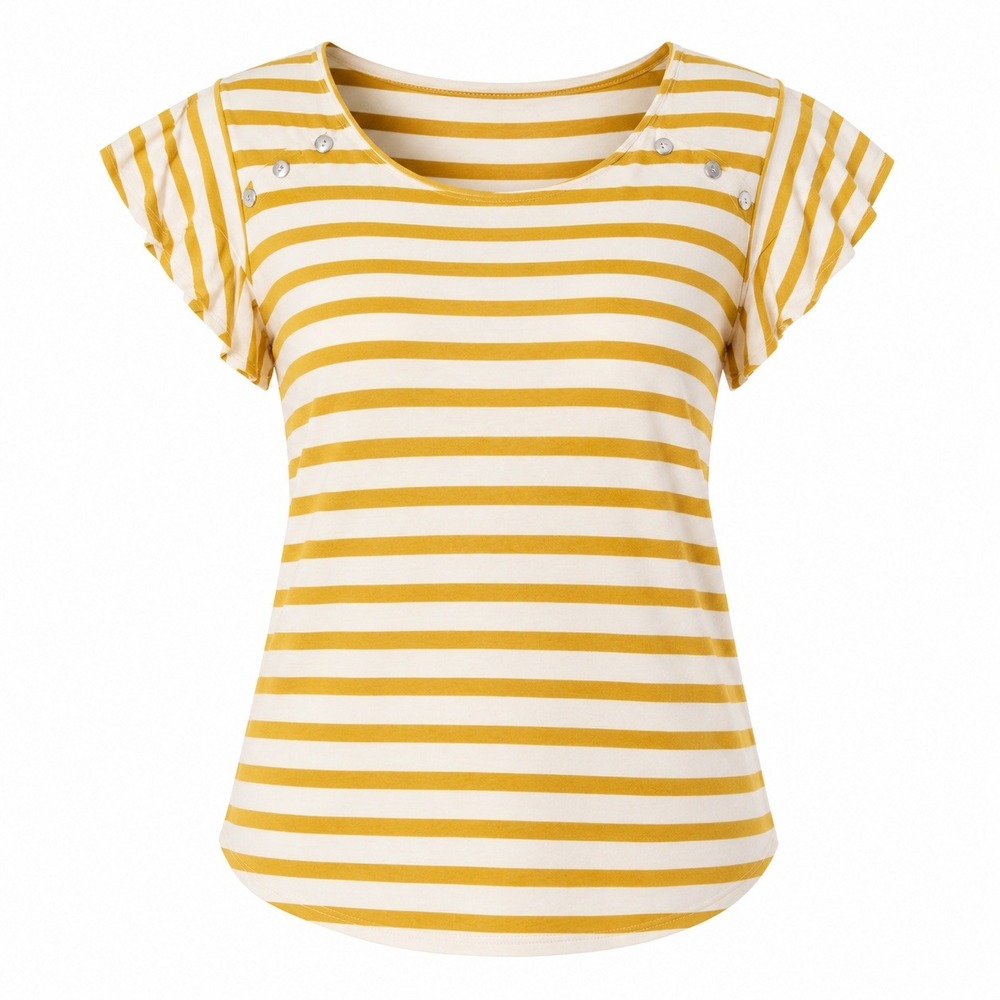 Striped Ruffle Sleeve Top Women XL Mustard Yellow Button Accent Coast Retro Y2K